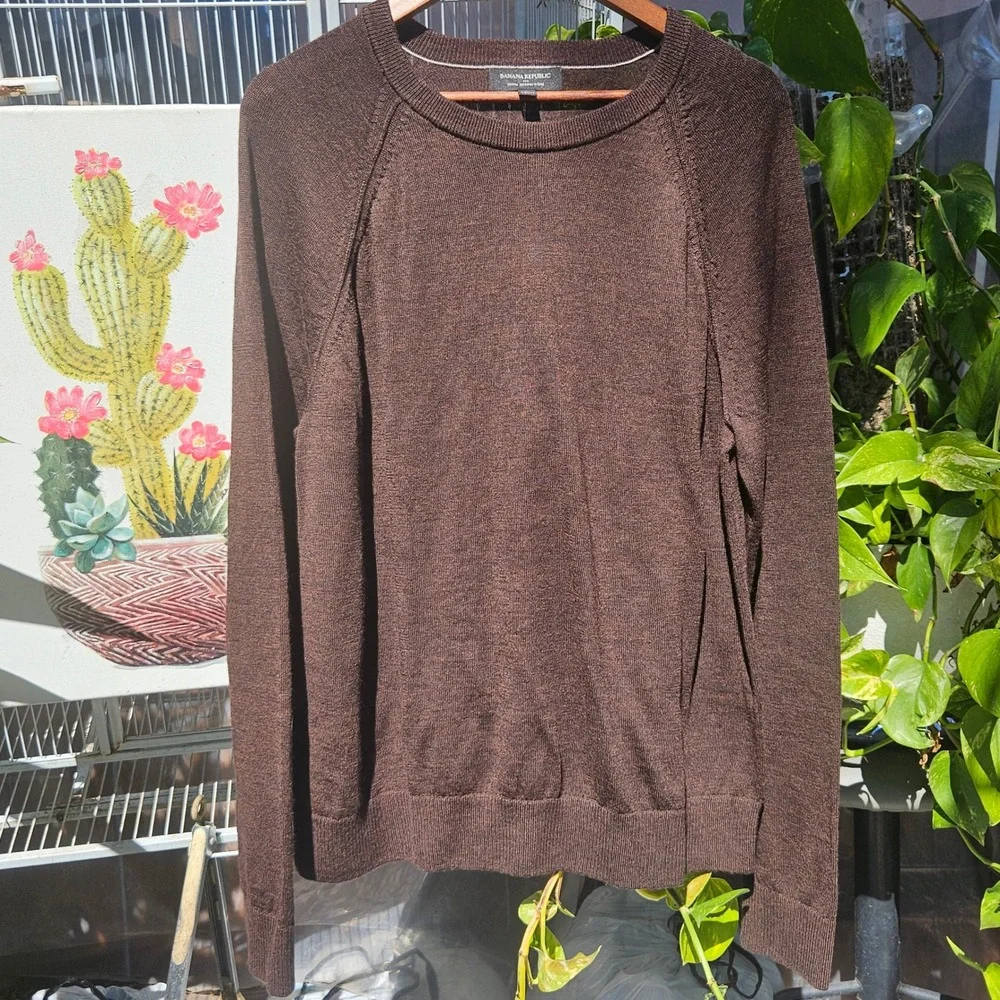 Banana Republic Mens XL Merino Wool‎ Sweater Dark Brown Raglan Crewneck Knit